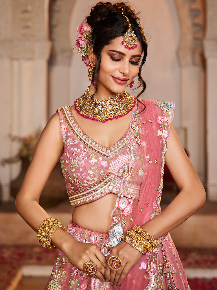 Pink Net Sequinse embroidery Semi-Stitched Lehenga choli & Dupatta ClothsVilla