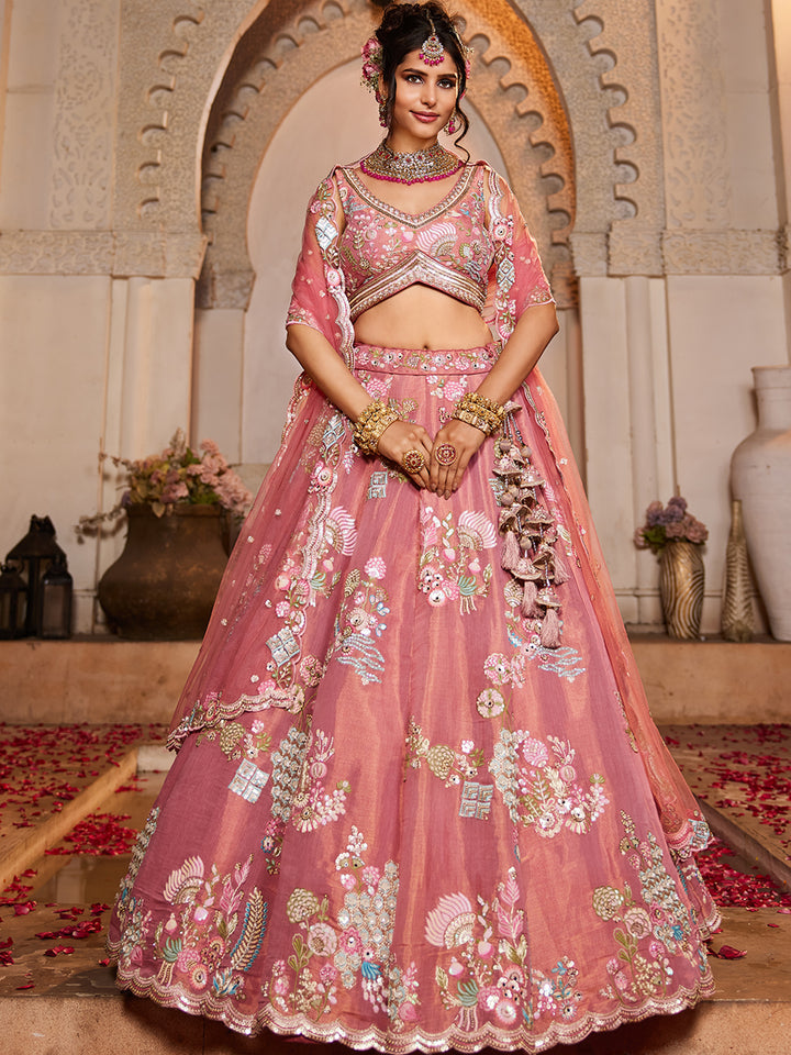 Pink Net Sequinse embroidery Semi-Stitched Lehenga choli & Dupatta ClothsVilla