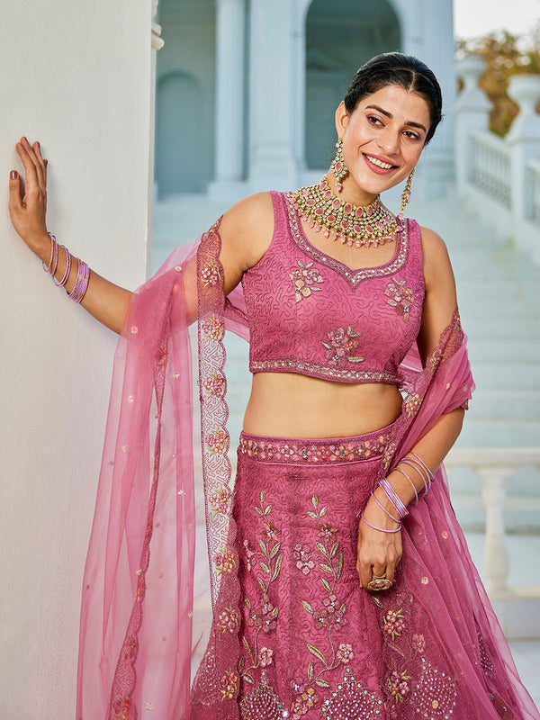 Pink net with Coding & Zarkan embroidery Semi-Stitched Lehenga choli & Dupatta ClothsVilla
