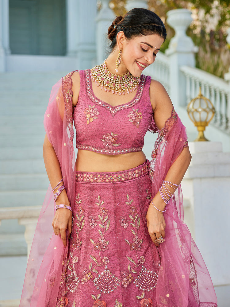 Pink net with Coding & Zarkan embroidery Semi-Stitched Lehenga choli & Dupatta ClothsVilla
