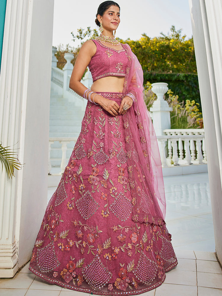 Pink net with Coding & Zarkan embroidery Semi-Stitched Lehenga choli & Dupatta ClothsVilla