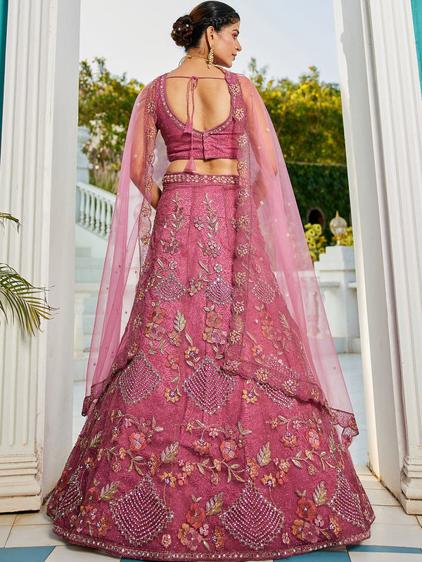 Pink net with Coding & Zarkan embroidery Semi-Stitched Lehenga choli & Dupatta ClothsVilla