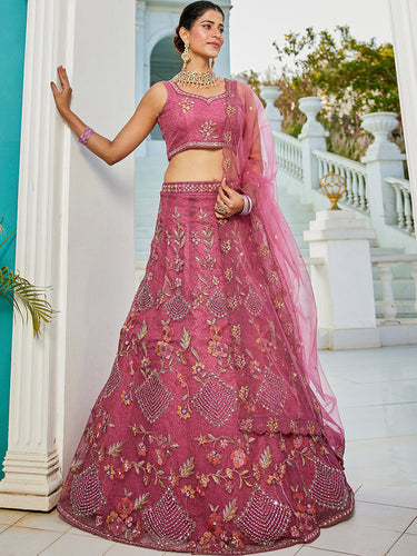 Pink net with Coding & Zarkan embroidery Semi-Stitched Lehenga choli & Dupatta ClothsVilla