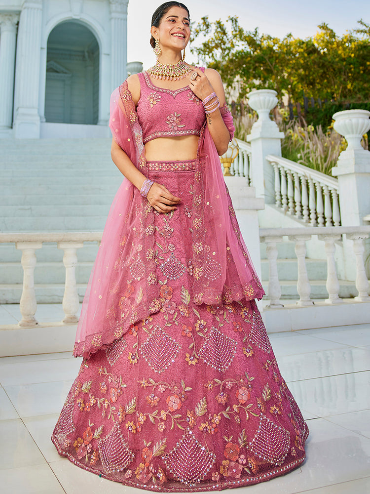 Pink net with Coding & Zarkan embroidery Semi-Stitched Lehenga choli & Dupatta ClothsVilla
