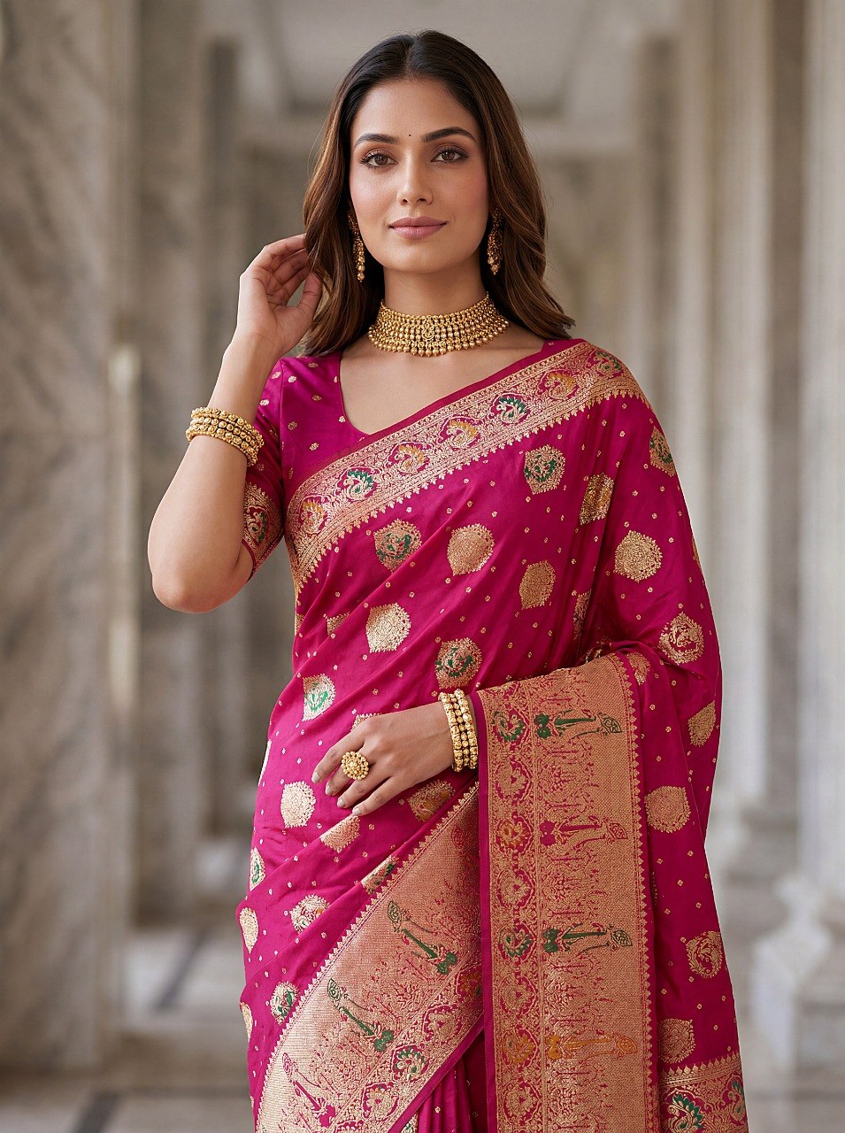 Pink Nylon Satin Zari Weaving Saree ClothsVilla