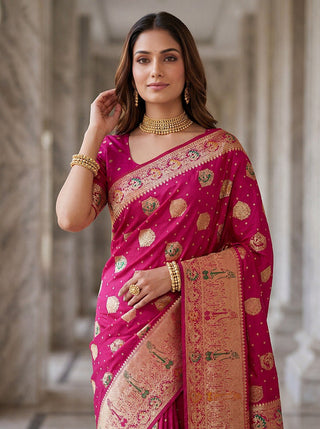 Pink Nylon Satin Zari Weaving Saree ClothsVilla