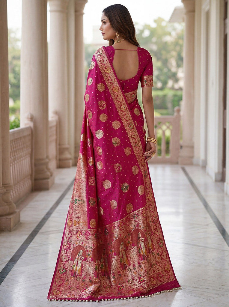 Pink Nylon Satin Zari Weaving Saree ClothsVilla