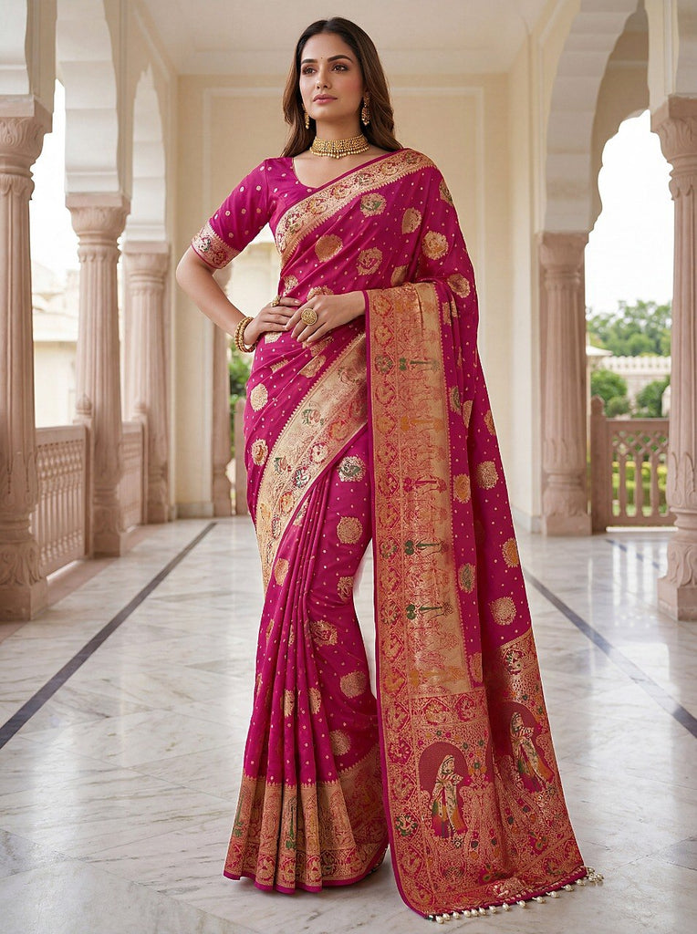 Pink Nylon Satin Zari Weaving Saree ClothsVilla