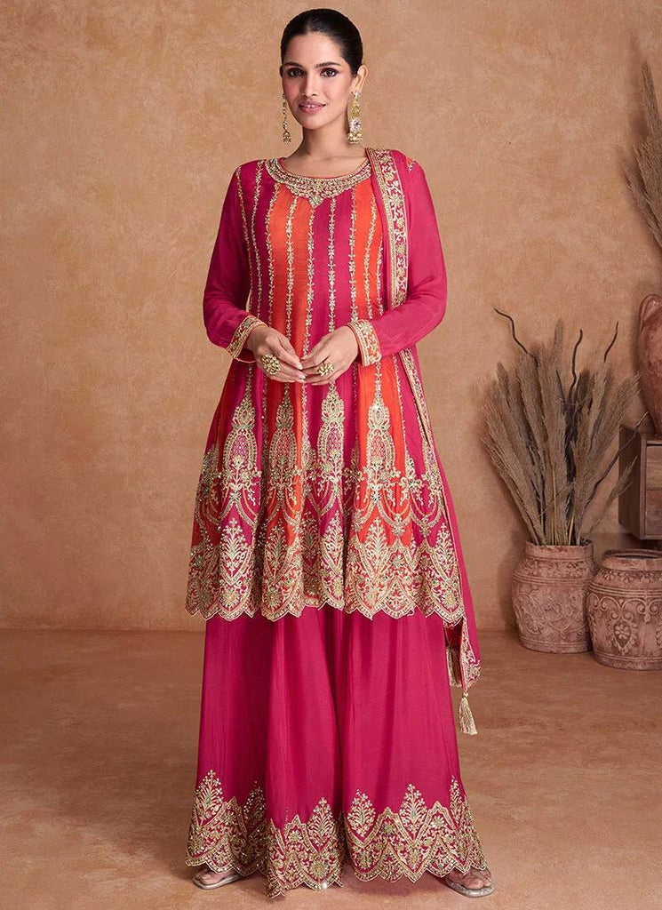 Pink Orange Elegantly Embroidered Chinon Salwar Suit with Embroidered Dupatta ClothsVilla