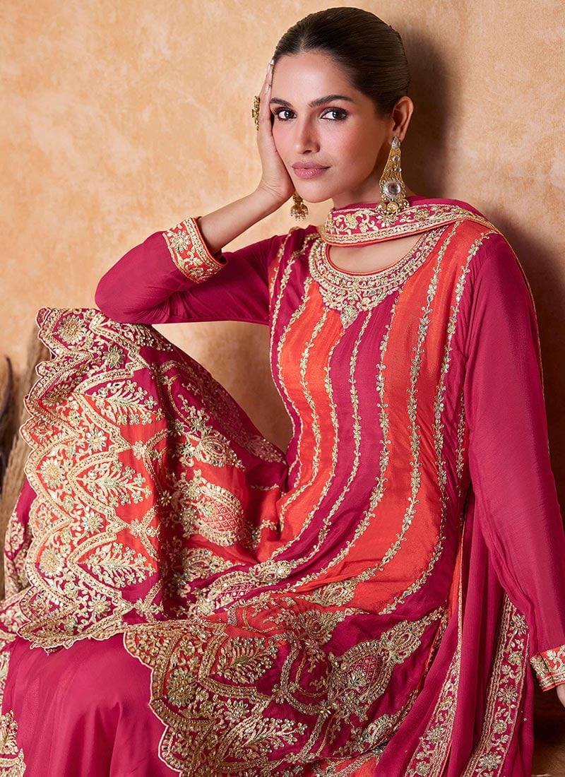 Pink Orange Elegantly Embroidered Chinon Salwar Suit with Embroidered Dupatta ClothsVilla