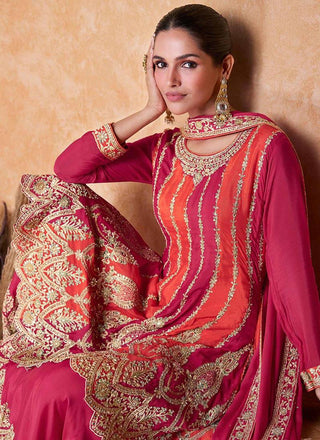 Pink Orange Elegantly Embroidered Chinon Salwar Suit with Embroidered Dupatta ClothsVilla