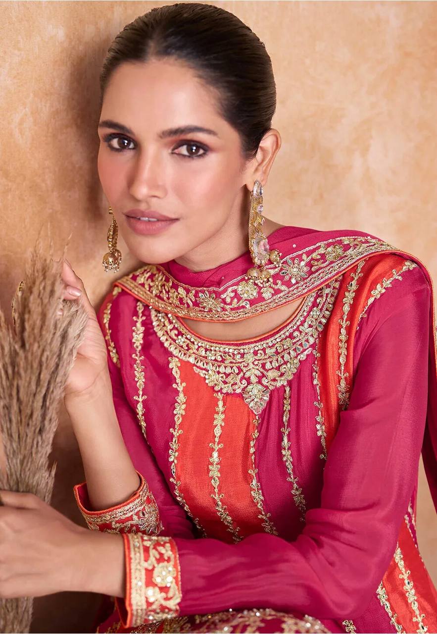 Pink Orange Elegantly Embroidered Chinon Salwar Suit with Embroidered Dupatta ClothsVilla