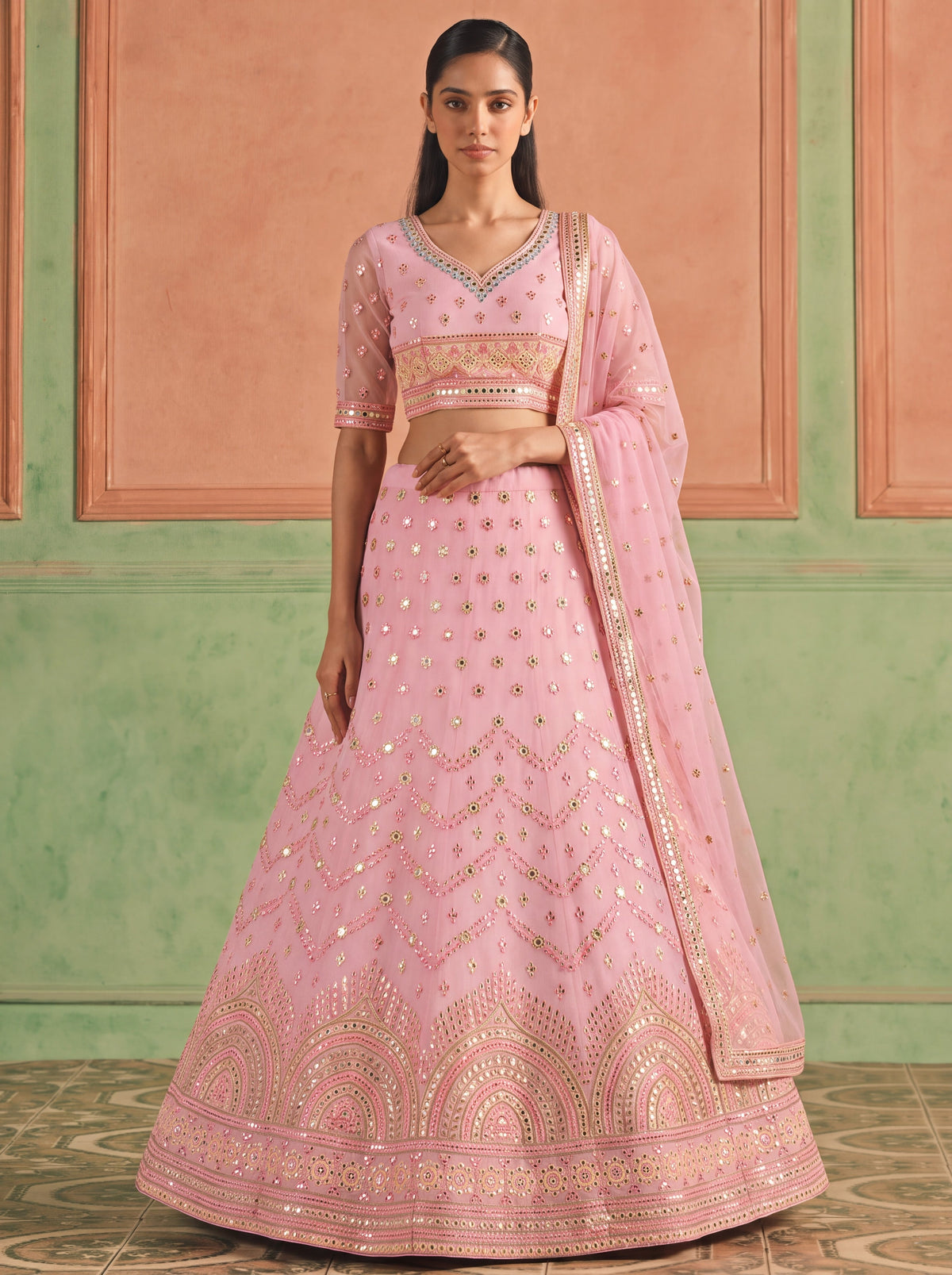 Pink Organza Embroidered Foil Mirror Work Lehenga Choli Clothsvilla