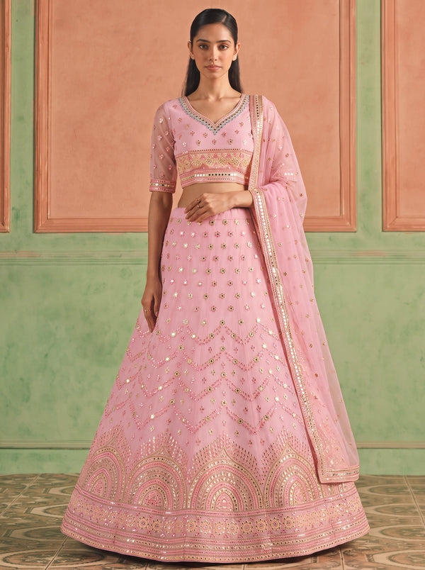 Pink Organza Embroidered Foil Mirror Work Lehenga Choli Clothsvilla