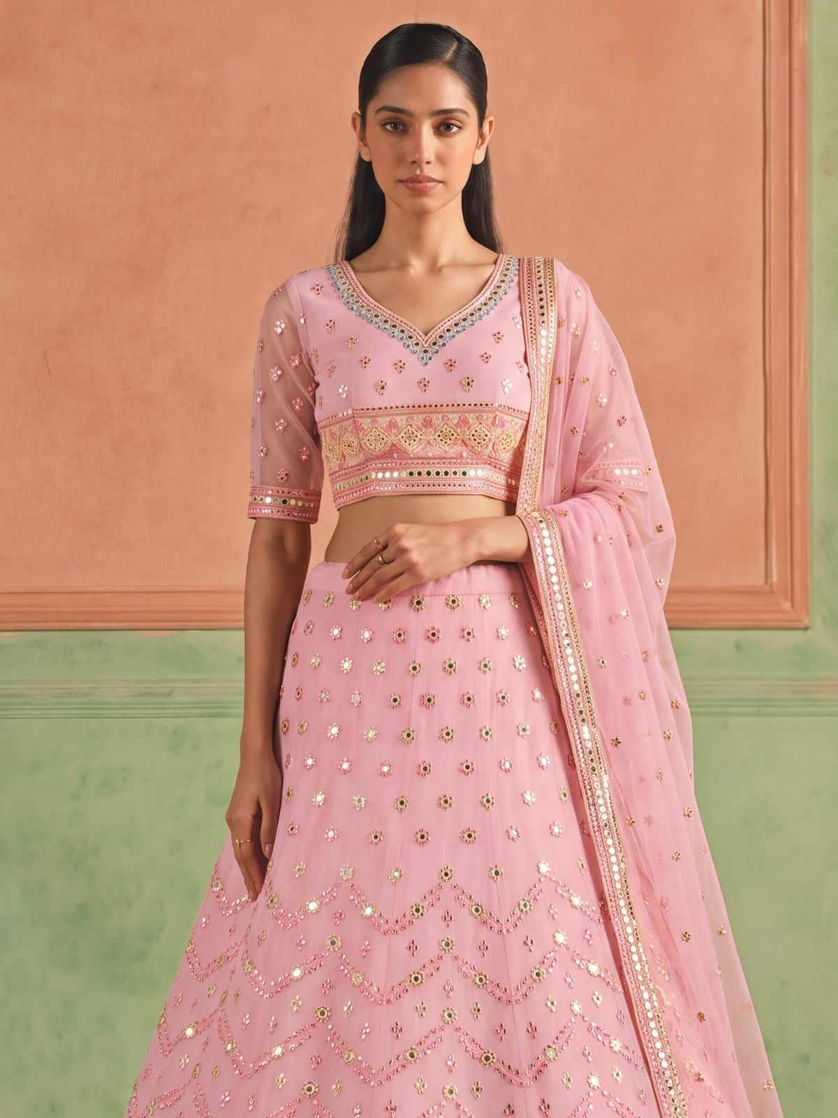 Pink Organza Embroidered Foil Mirror Work Lehenga Choli Clothsvilla