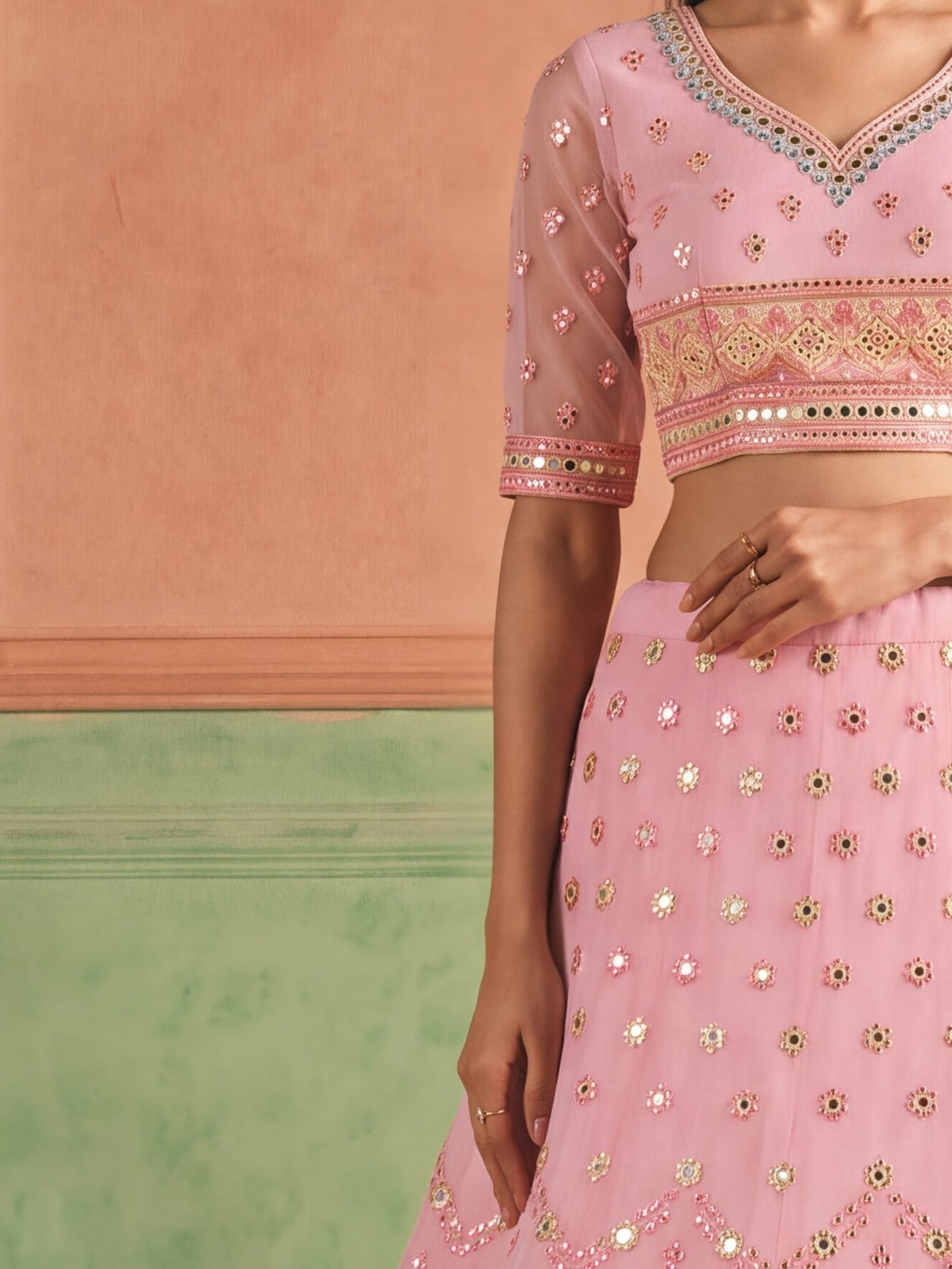 Pink Organza Embroidered Foil Mirror Work Lehenga Choli Clothsvilla