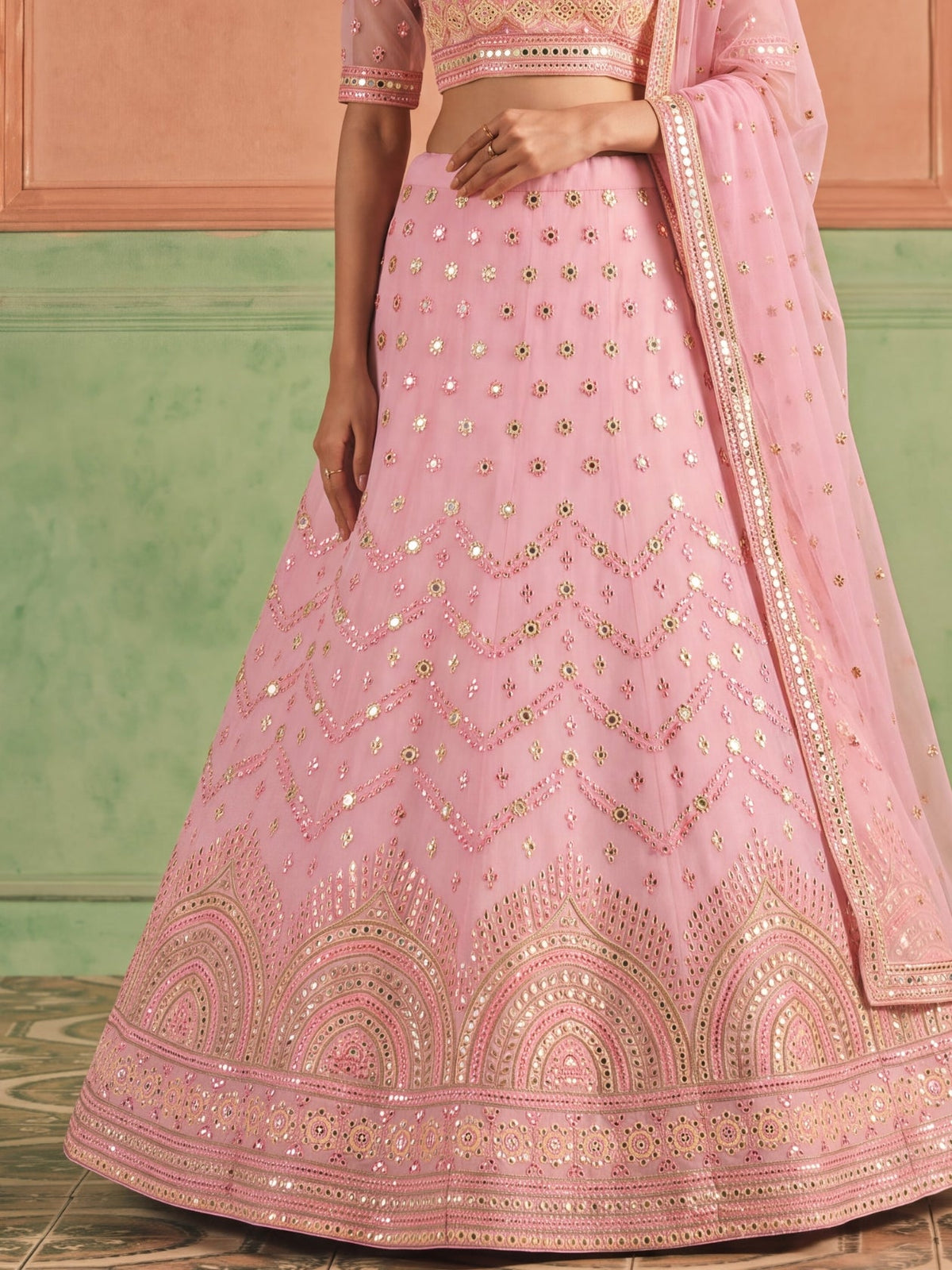 Pink Organza Embroidered Foil Mirror Work Lehenga Choli Clothsvilla
