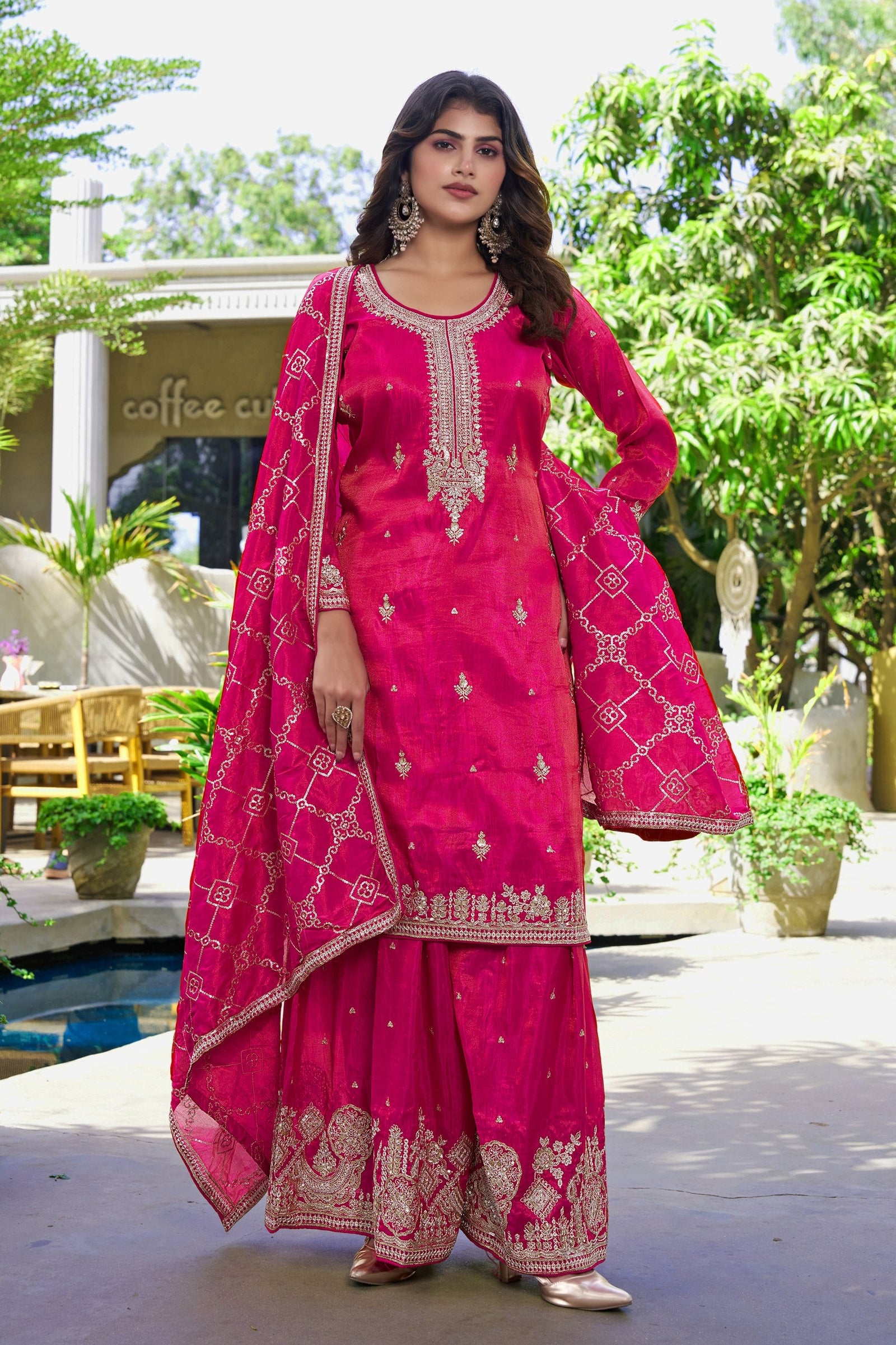 Pink Organza Embroidered Palazzo Set ClothsVilla