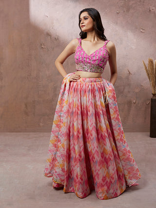 Pink Organza Floral Printed Semi-Stitched Lehenga choli & Dupatta Clothsvilla