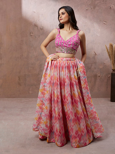 Pink Organza Floral Printed Semi-Stitched Lehenga choli & Dupatta Clothsvilla