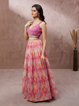 Pink Organza Floral Printed Semi-Stitched Lehenga choli & Dupatta Clothsvilla
