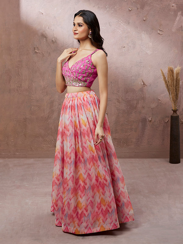 Pink Organza Floral Printed Semi-Stitched Lehenga choli & Dupatta Clothsvilla