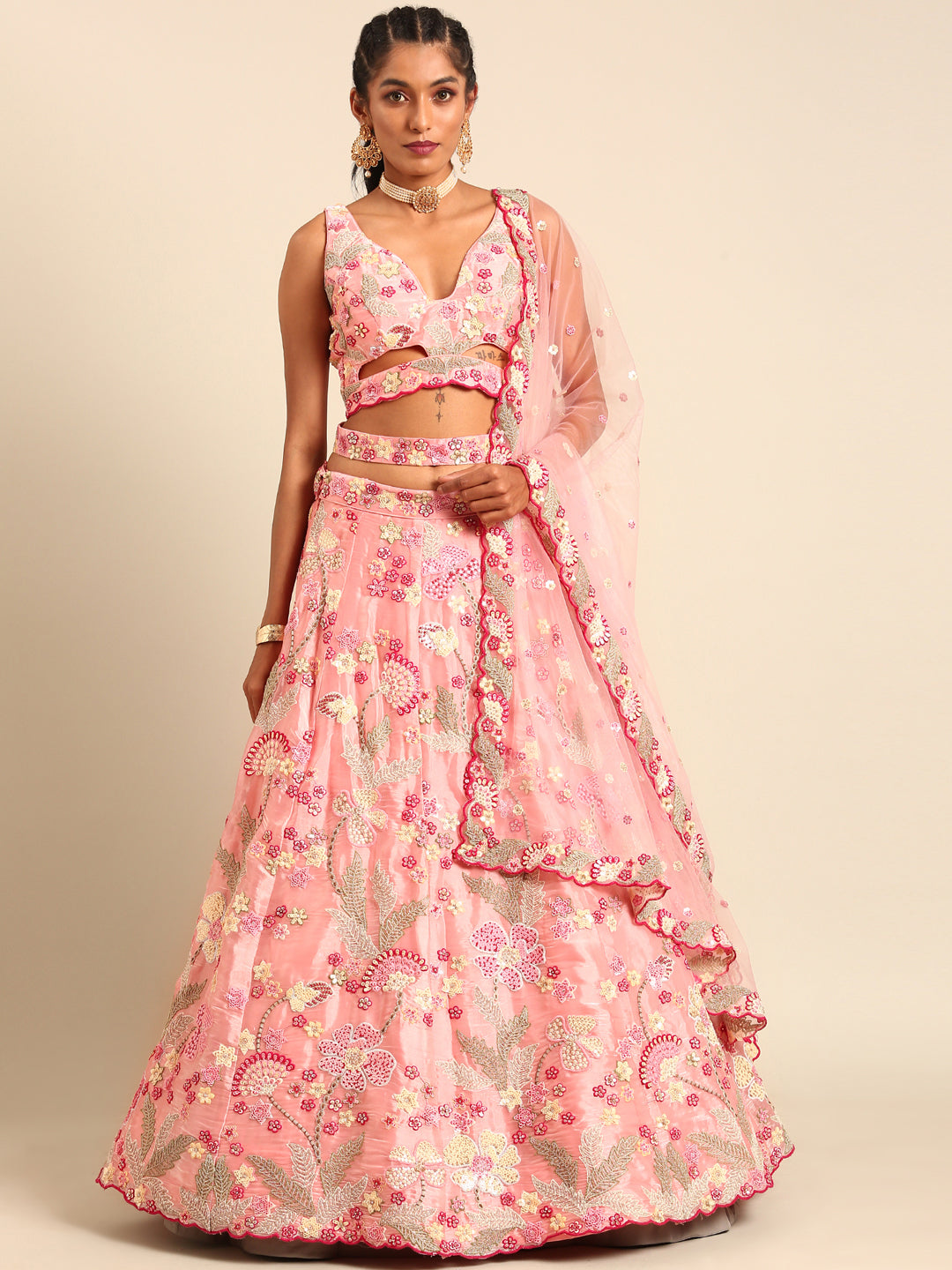 Pink Organza Sequins and Zarkan embroidery Semi-Stitched Lehenga choli & Dupatta ClothsVilla