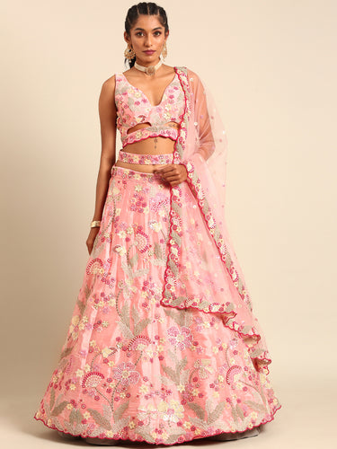 Pink Organza Sequins and Zarkan embroidery Semi-Stitched Lehenga choli & Dupatta ClothsVilla