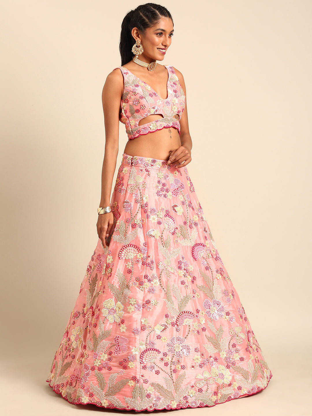Pink Organza Sequins and Zarkan embroidery Semi-Stitched Lehenga choli & Dupatta ClothsVilla