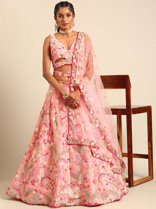 Pink Organza Sequins and Zarkan embroidery Semi-Stitched Lehenga choli & Dupatta ClothsVilla