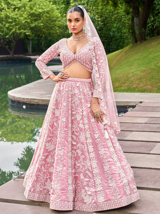Pink Organza Sequins embroidery Semi-Stitched Lehenga choli & Dupatta ClothsVilla