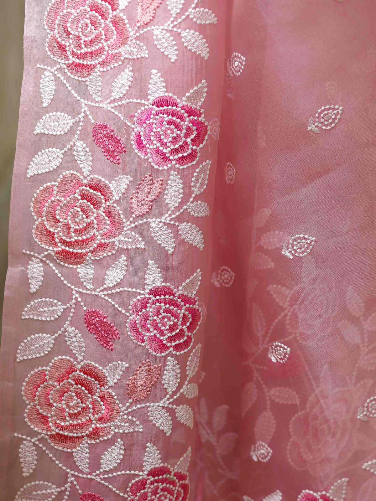 Pink Organza Silk Saree with Resham Floral Embroidery ClothsVilla
