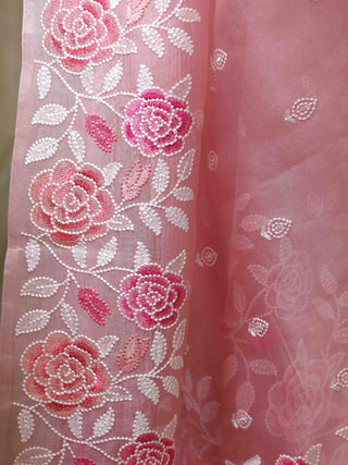 Pink Organza Silk Saree with Resham Floral Embroidery ClothsVilla