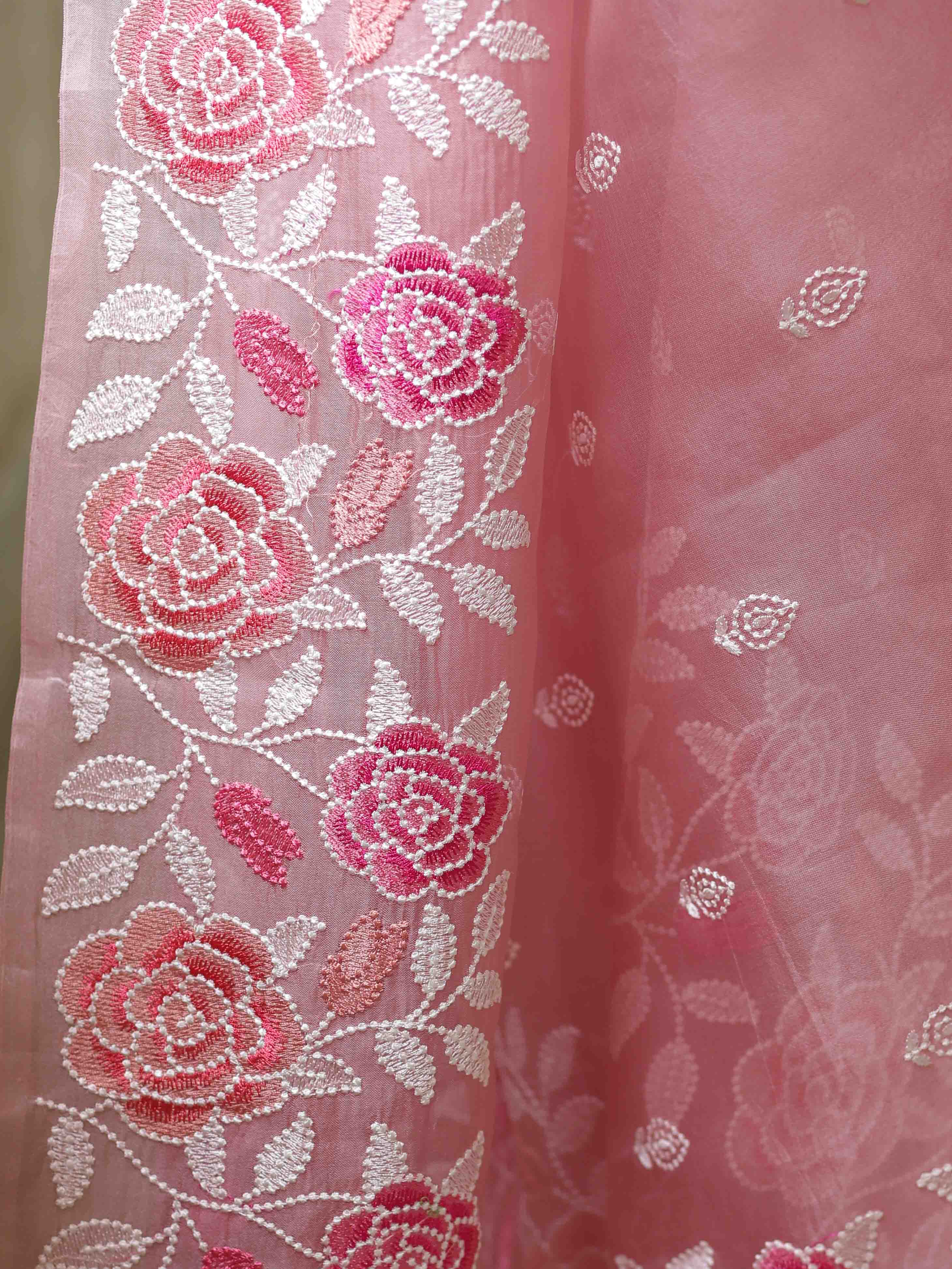 Pink Organza Silk Saree with Resham Floral Embroidery ClothsVilla