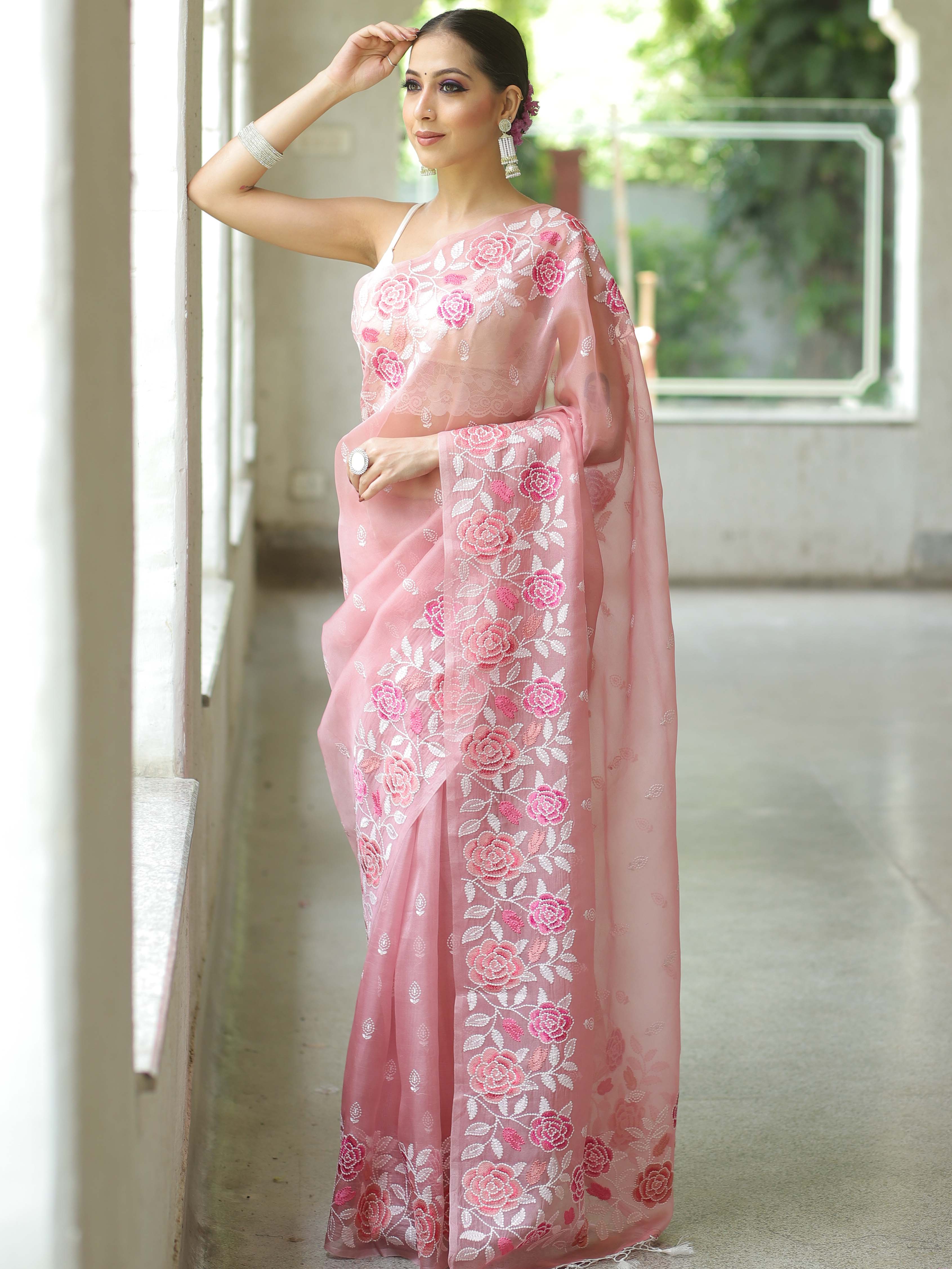 Pink Organza Silk Saree with Resham Floral Embroidery ClothsVilla Main image