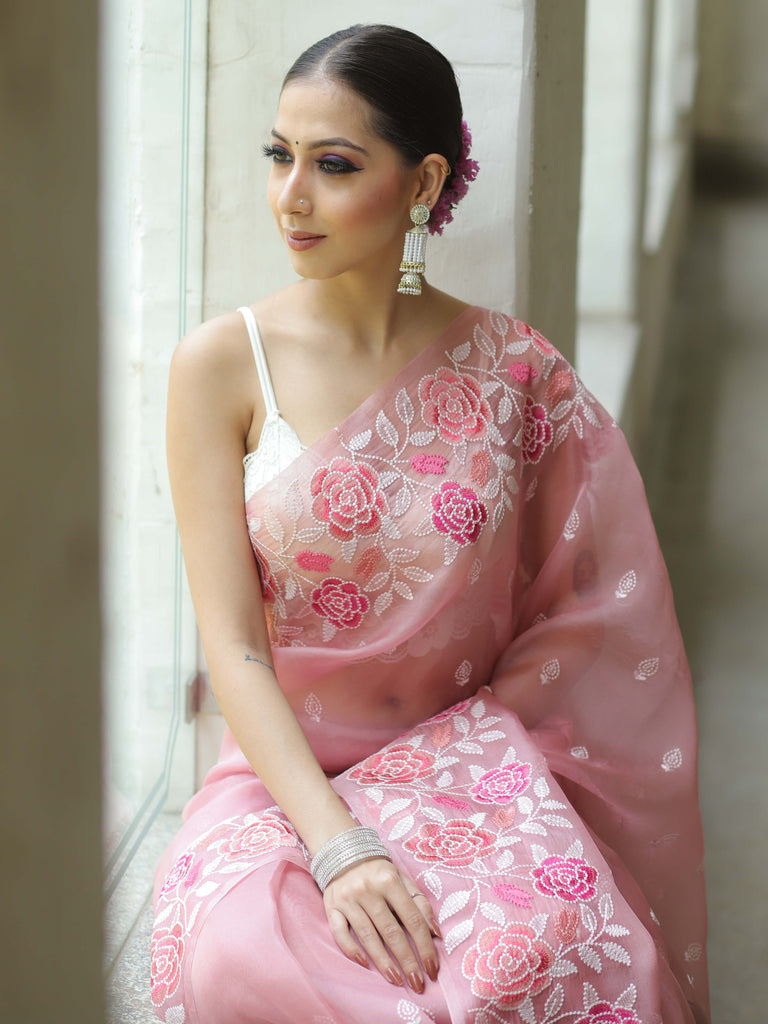 Pink Organza Silk Saree with Resham Floral Embroidery ClothsVilla