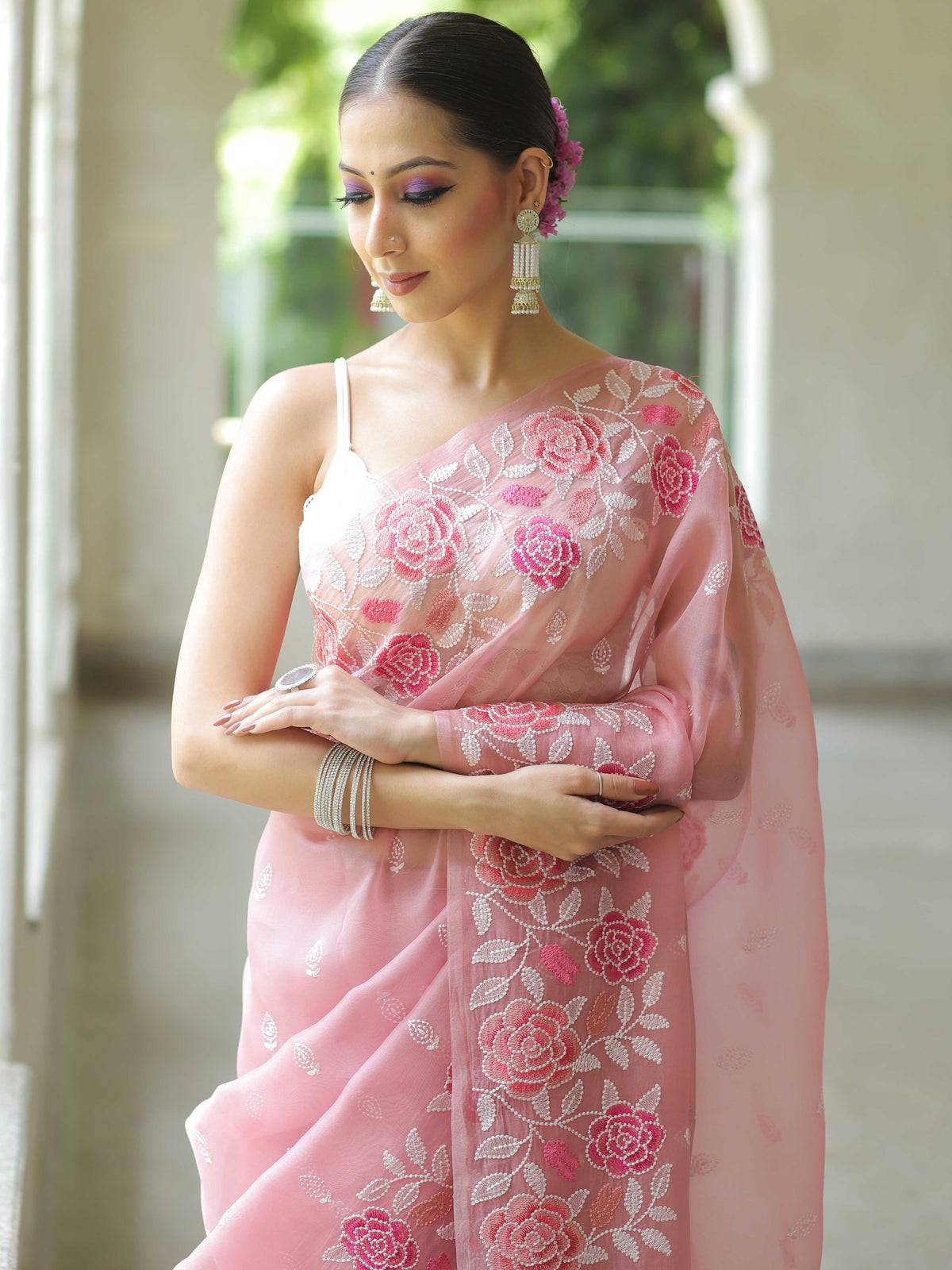 Pink Organza Silk Saree with Resham Floral Embroidery ClothsVilla