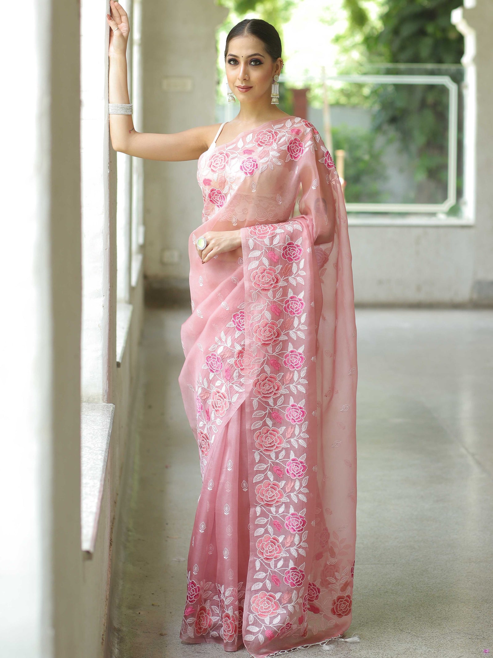 Pink Organza Silk Saree with Resham Floral Embroidery ClothsVilla