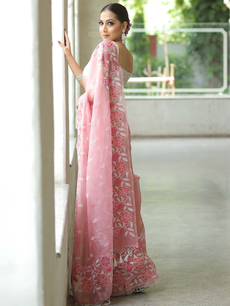 Pink Organza Silk Saree with Resham Floral Embroidery ClothsVilla