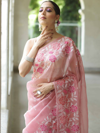 Pink Organza Silk Saree with Resham Floral Embroidery ClothsVilla