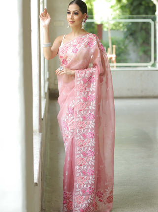 Pink Organza Silk Saree with Resham Floral Embroidery ClothsVilla