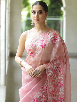 Pink Organza Silk Saree with Resham Floral Embroidery ClothsVilla