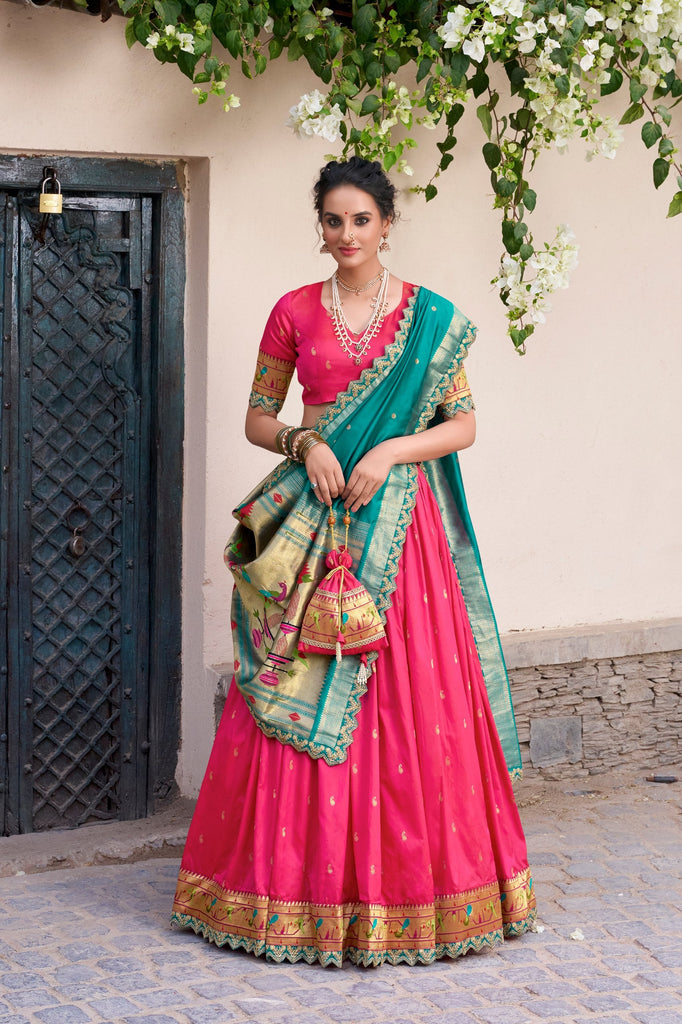 Pink Paithani Jacquard Silk Lehenga Set with Zari Weaving, Embroidery & Scallop ClothsVilla