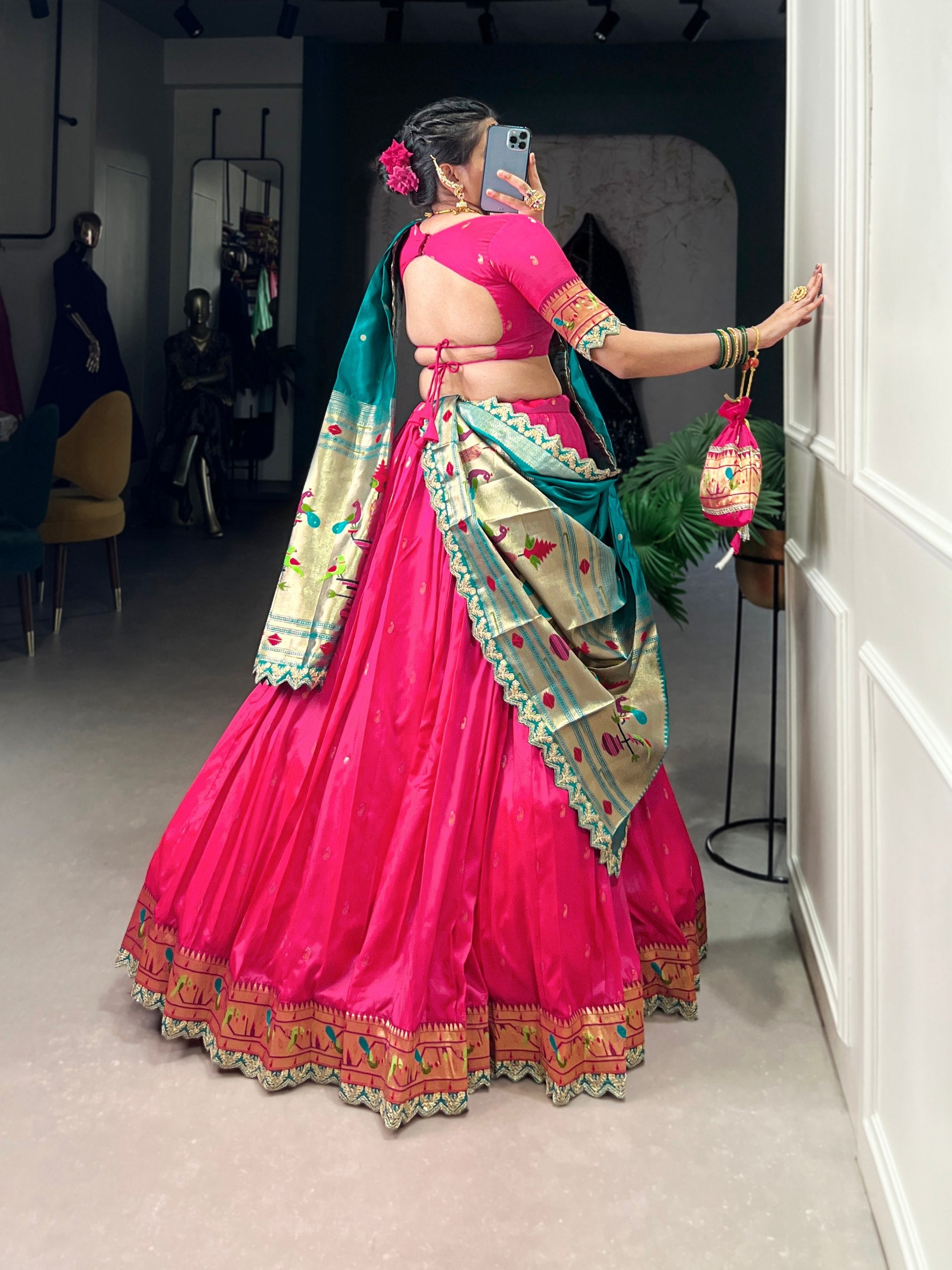 Pink Paithani Jacquard Silk Lehenga Set with Zari Weaving, Embroidery & Scallop ClothsVilla