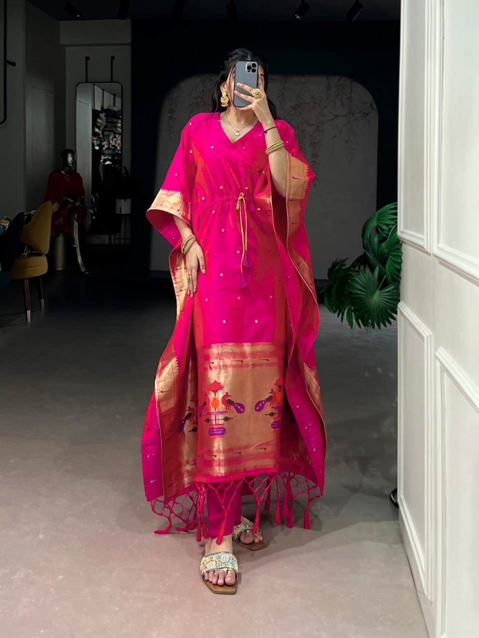Pink Paithani Zari Weaving Kaftan ClothsVilla