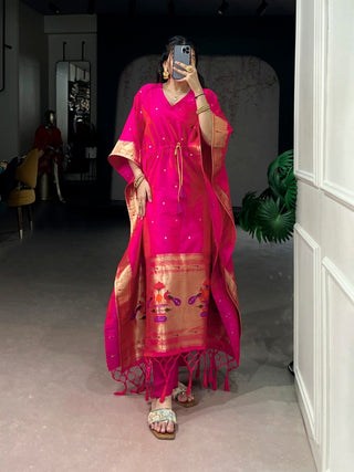 Pink Paithani Zari Weaving Kaftan ClothsVilla