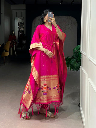 Pink Paithani Zari Weaving Kaftan ClothsVilla
