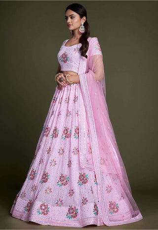 Pink Pakistani Georgette Lehenga Choli For Indian Festivals & Weddings - Sequence Embroidery Work, Thread Embroidery Work, Clothsvilla