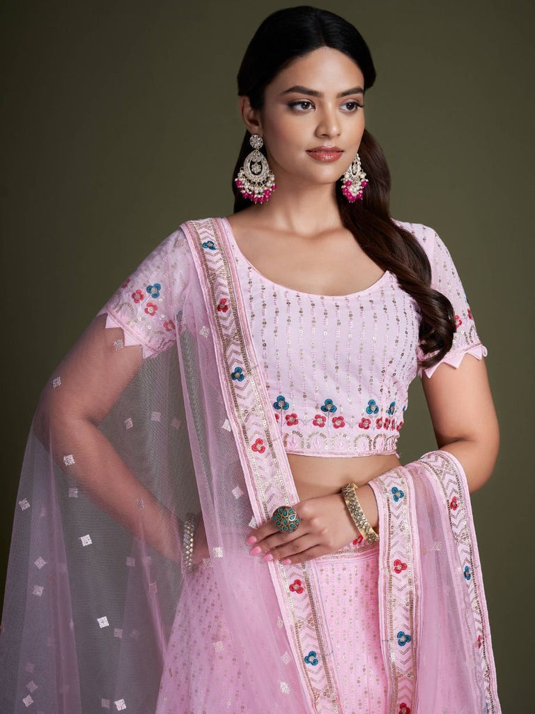 Pink Pakistani Georgette Lehenga Choli For Indian Festivals & Weddings - Sequence Embroidery Work, Thread Embroidery Work, Clothsvilla