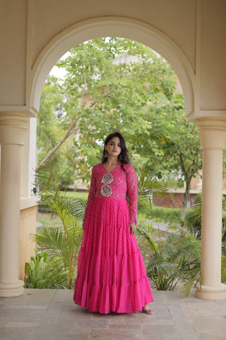 Pink Patchwork Laheriya Print Gown ClothsVilla
